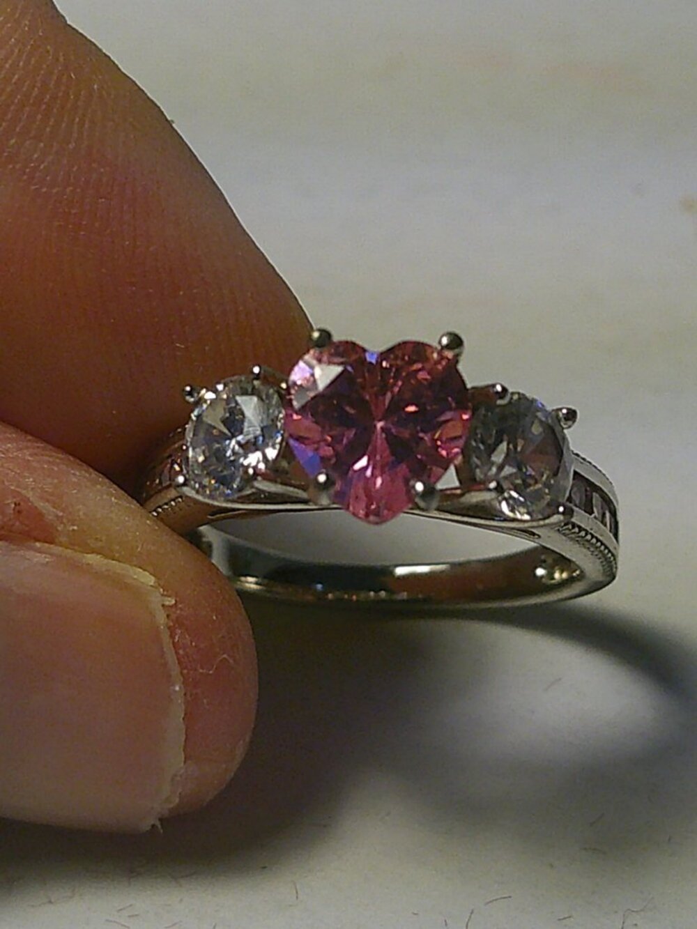 925 Sterling Silver Pink Topaz Diamond Heart Ring Size 7 - SB6 D3